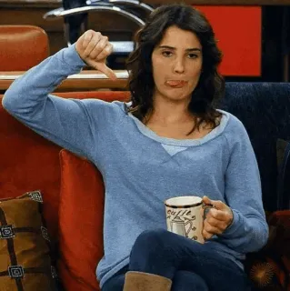 🍕 19154a29 Robin Scherbatsky How I Met Your Mother wanita, jempol ke bawah, kopi, melet, duduk whatsapp sticker