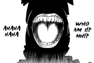 😈 e6cbce7a AHAHA HAHA WHO AM I? MH!? manga, laughing, question, scary, black and white whatsapp sticker