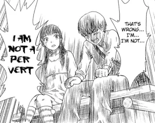 😤 f29f456e I AM NOT A PERVERT THAT'S WRONG... I'M... I'M NOT... manga, anime, pervert, denial, characters, illustration whatsapp sticker