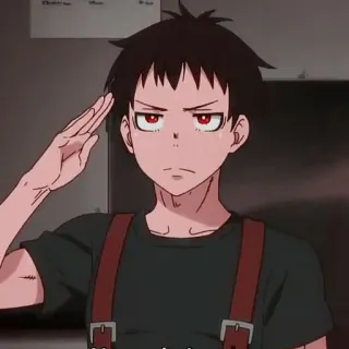 🔥 73339986 Shinra Kusakabe Fire Force 신라 쿠사카베, 애니메이션, 파이어 포스, 만화, 붉은 눈, 경례 telegram sticker