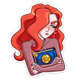 😝 bb7b0572 penyihir, sihir, buku, kitab mantra, pentagram, rambut merah, wanita, kartun whatsapp sticker