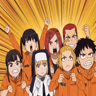 🙌 8a06eb25 Fire Force TOKYO Anime, Feuerwehr, Team, Shonen, Gruppe, Orange Uniformen telegram sticker
