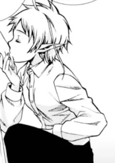 😎 e7723230 gaya anime, karakter pria, elf, tangan mencium, kemeja putih, celana hitam telegram sticker