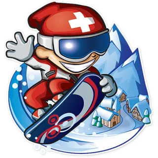 🇨🇭 4d8faf42 스노우보드, 겨울 스포츠, 스위스 국기, 눈, 산, 만화 telegram sticker
