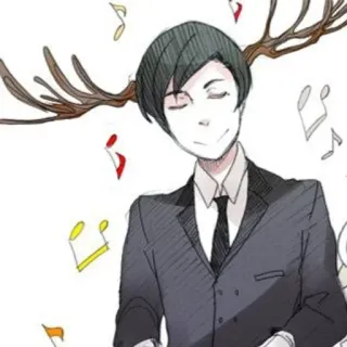 📼 e0de0d81 рога, музыка, ноты, мужчина, костюм, иллюстрация, рисунок telegram sticker