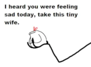 👩 0235bd76 I heard you were feeling sad today, take this tiny wife. pokrzepiający, mem, żona, pocieszenie telegram sticker