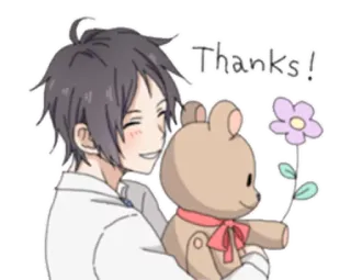 ☺️ 46c6a59c Thanks! อนิเมะ, เด็กผู้ชาย, ตุ๊กตาหมี, ดอกไม้, ขอบคุณ, น่ารัก, คำทักทาย telegram sticker
