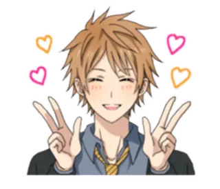 ✌ 7c92becd อนิเมะ, การ์ตูน, เด็กผู้ชาย, ยิ้ม, สัญลักษณ์สันติภาพ, หัวใจ, มีความสุข telegram sticker