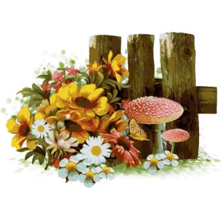 🌸 19587b40 ดอกไม้, เห็ด, ธรรมชาติ, ลายดอกไม้, สวน, รั้ว, ผีเสื้อ telegram sticker