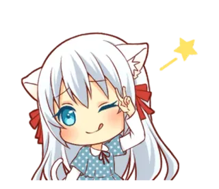 😜 19358ec1 动漫, Q版, 卡哇伊, 可爱, 卡通, 猫耳, 和平标志 telegram sticker