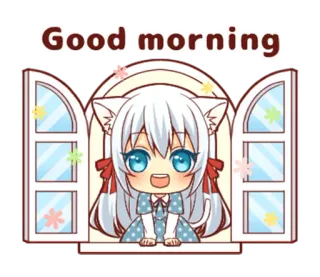🌞 5c8accda Good morning 动漫, 猫娘, 早上, 卡哇伊, 可爱, 窗户 telegram sticker