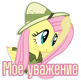 🤠 8b8e1579 Fluttershy My Little Pony Моё уважение Cartoon, Pony, Hoed, Respect, Schattig, Vriendelijk, Dier, Geel telegram sticker