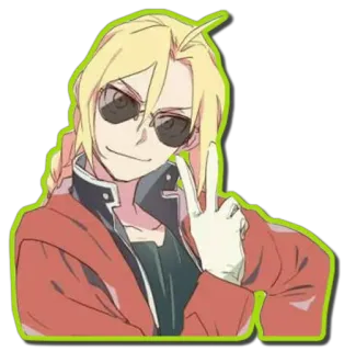😎 3ff2a985 Edward Elric Fullmetal Alchemist Edward Elric, Fullmetal Alchemist, Anime, Manga, Personnage, Cool, Lunettes de soleil, Signe de paix telegram sticker