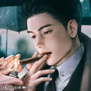 🚬 4caf0e83 @Fushofusho_Megumi uomo, sigaro, accendino, fumare, ritratto, arte digitale telegram sticker