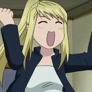 😆 e9aaff53 Winry Rockbell Fullmetal Alchemist anime, mecánico, chica, feliz, lindo telegram sticker