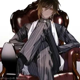 💠 4aa36c21 anime, pria, duduk, kursi, setelan, bergaris telegram sticker