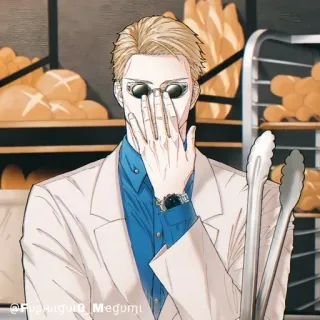 💠 1bdfa801 @FUGUHUGU O. MEGUMI Anime, Nam, Nhân vật, Tóc vàng, Kính râm, Nướng bánh whatsapp sticker