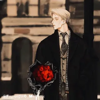 💠 4ee48d8c @Fusfutgufuo_Megumi nghệ thuật, nhân vật, minh họa, phong cách anime, nam, áo vest, hoa whatsapp sticker