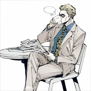 💠 d1a44fc1 người đàn ông, đọc sách, cà phê, áo vest, anime whatsapp sticker