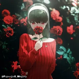 🗡 7d96159c ragazza anime, vestito rosso, rose, arte digitale, illustrazione, ritratto telegram sticker