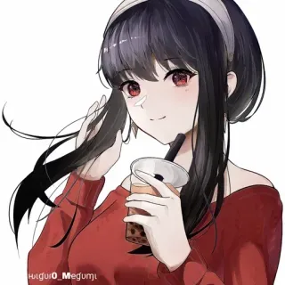 🗡 e1002c05 Yor Forger Spy × Family hıguro_Megumi Anime, Yor Forger, Spy x Family, Ragazza, occhi rossi, capelli neri, bubble tea telegram sticker