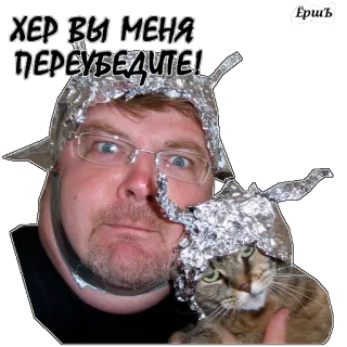 ☝ a7378357 Хер вы меня переубедите! cappello di stagnola, complottismo, gatto, uomo, umorismo telegram sticker