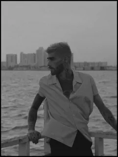 🌑 b27ed7a6 man, tatoeages, pier, water, stadsgezicht, oceaan, shirt, model whatsapp sticker