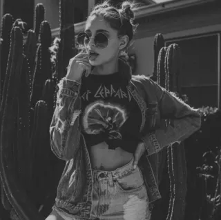 🌨 ae3db531 DEF LEPPARD Band, Rock, Musik, Mode, Frau, Def Leppard, Bauchfreies Top, Jeansjacke, Kaktus telegram sticker