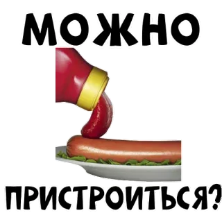 🌭 fdda3910 МОЖНО ПРИСТРОИТЬСЯ? hotdog, ketchup, food, funny, russian, sticker, meme whatsapp sticker