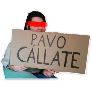 🤦‍♀️ bfaefc39 PAVO
CÁLLATE cardboard sign, person, red blindfold, spanish, speak up, shut up telegram sticker