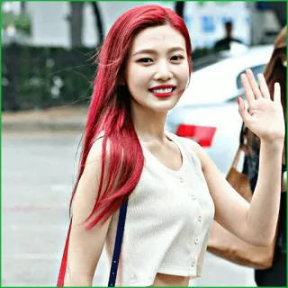 🥝 9b1d177c женщина, рыжие волосы, человек, улыбается, машет рукой, повседневная одежда telegram sticker