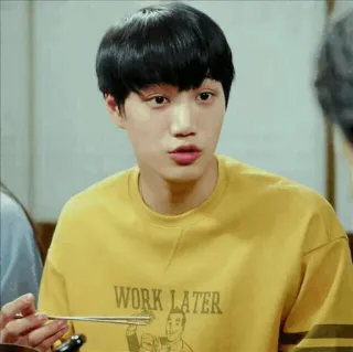 🍂 aa254597 WORK LATER work, later, yellow, sweater, chopsticks, eating telegram sticker