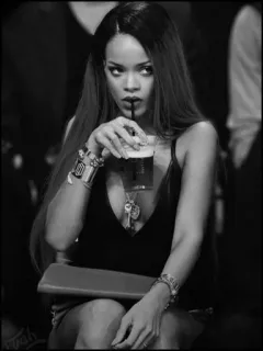🔗 a7486a6c Rihanna singer, celebrity, black and white, portrait, woman, drink telegram sticker