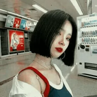 🍓 a19ed542 Frau, Mädchen, Koreanisch, Asiatisch, Bob-Schnitt, Roter Lippenstift, Mode, Stil telegram sticker