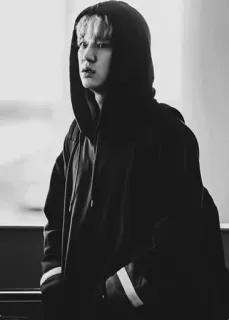 🌚 7dc1ab84 ภาพเหมือน, เสื้อมีฮู้ด, ขาวดำ, คน, ลำลอง, ขาวดำ telegram sticker