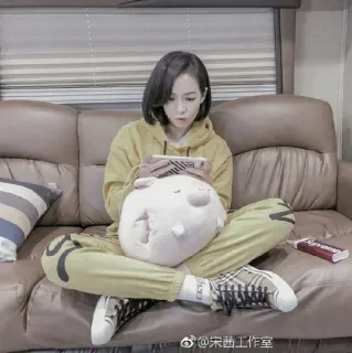 🎐 469ef403 宋茜工作室 人, 女性, 座る, ぬいぐるみ, ソファ, カジュアルウェア, 室内 telegram sticker