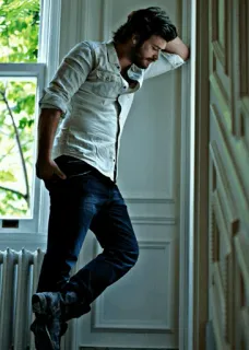 ✖ 11232e33 mann, lehnend, fenster, jeans, hemd telegram sticker