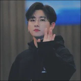 🎻 e8d4a859 Koreaans, man, bril, zwaaien, zwarte hoodie telegram sticker