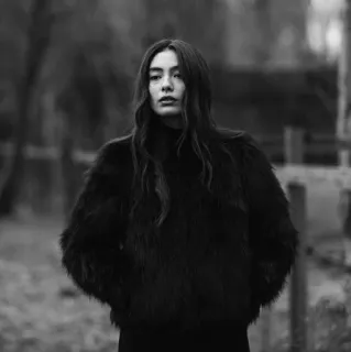 🎠 7899c423 wanita, potret, jaket bulu, hitam putih, model, mode telegram sticker