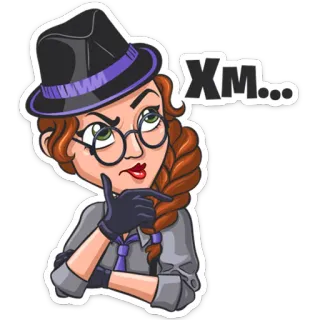 🤔 083f5cf4 Xm... думающий, вопрошающий, женщина, шляпа, очки, выражение, мультфильм whatsapp sticker