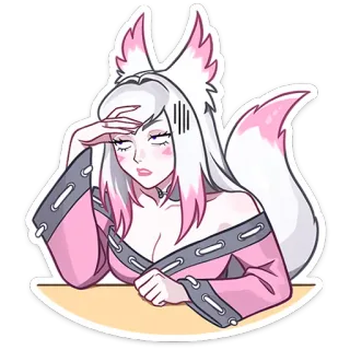 🤦 02853ee9 Аниме девушка, Девушка лиса, Уставшая, Розовый, Белые волосы, Девушка, Стикер telegram sticker