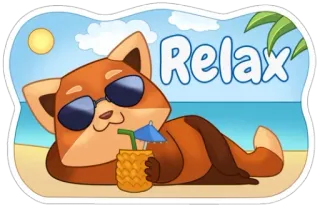 😎 f197f189 Relax relax, panda rosso, spiaggia, estate, vacanza, occhiali da sole, drink all'ananas telegram sticker
