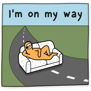 🚗 2521cc66 I'm on my way bicho-preguiça, sofá, estrada, preguiçoso, desenho animado, engraçado, humor whatsapp sticker