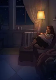 😒 432d82cf femme, intérieur, nuit, fenêtre, chaise, pièce, lumière, lampe telegram sticker