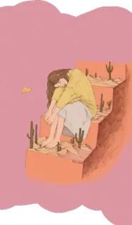 😔 4e3c5e25 triste, fille, seule, désert, cactus, illustration telegram sticker