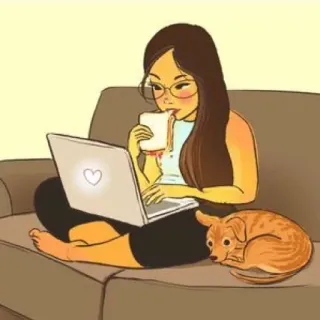 🤓 576331c6 femme, ordinateur portable, chien, canapé, café, lunettes, dessin animé telegram sticker