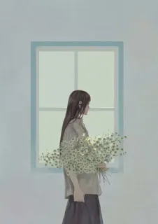 🌸 614dc569 femme, fleurs, fenêtre, art, illustration telegram sticker