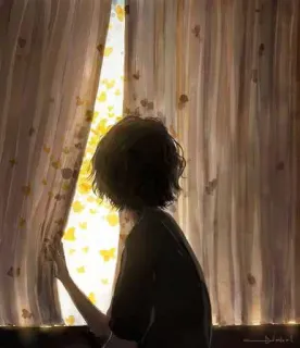 😒 68be1bcd fille, fenêtre, rideau, papillons, art, illustration, vue de dos, rêvasserie telegram sticker