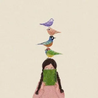 📗 767f6dc8 oiseaux, femme, livre, lecture, mignon, pile, nature telegram sticker