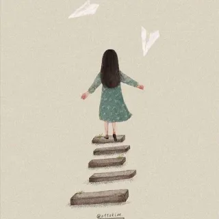 🙃 7b10e9be @ottokim fille, avions en papier, illustration, escalier, robe telegram sticker